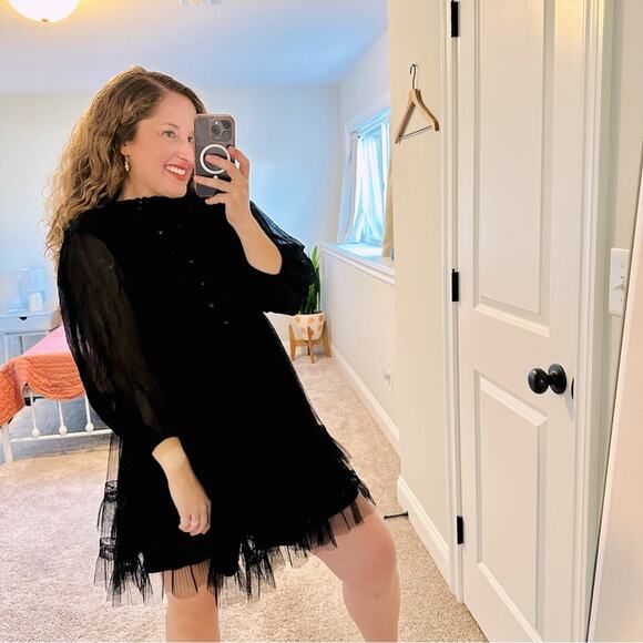 Alice + Olivia Black Silk Button Front Tulle Long Sleeve Mini Dress Small - Picture 1 of 12